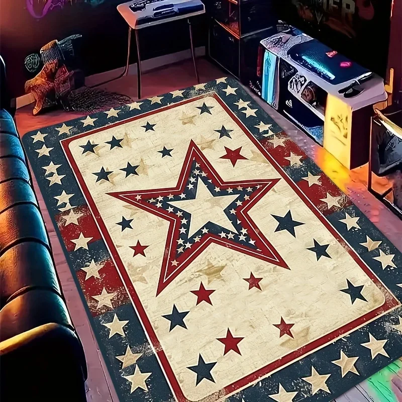 VIKAMA Patriotic Star Floor Mat Vintage Red Blue White Star Stripe Pattern Anti‑Slip Washable Doormat Entryway Porch Home Decor