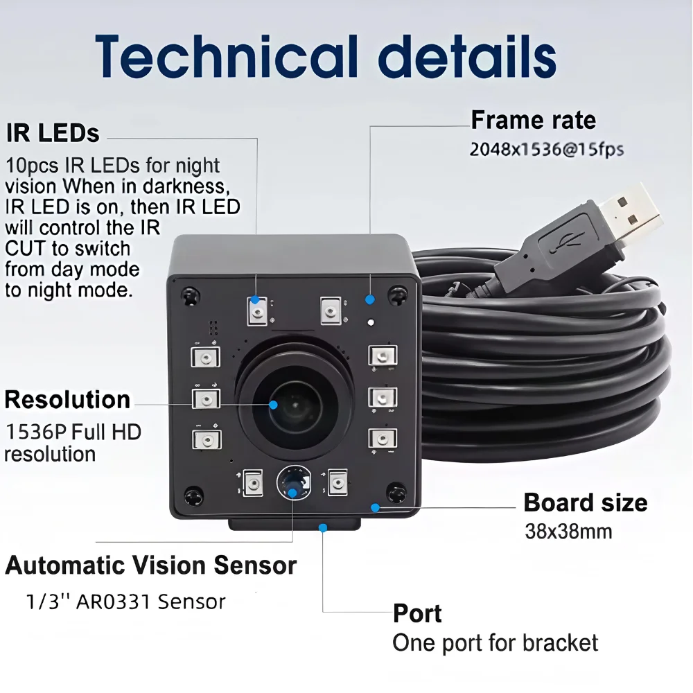ELP 3MP 30fps FHD USB Camera Night Vision IR LED Webcam AR0331 Sensor with Microphone WDR Fixed Focus Metal USB2.0 Video Camera