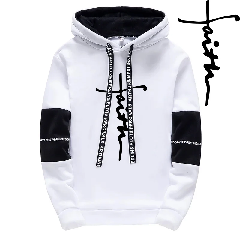 

2025 New Arrival Mens Faith Printed Hoodies High Quality Male Daily Casual Sports Hooded Sweatshirts Classic White&Black Tops