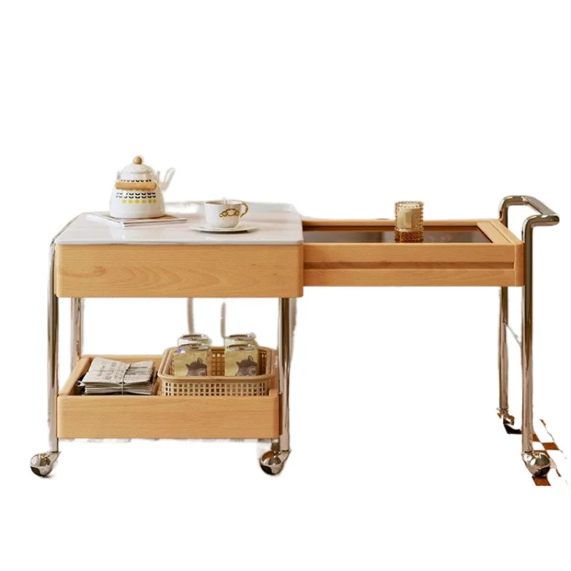 Movable solid wood sofa coffee table, retractable living room, simple household