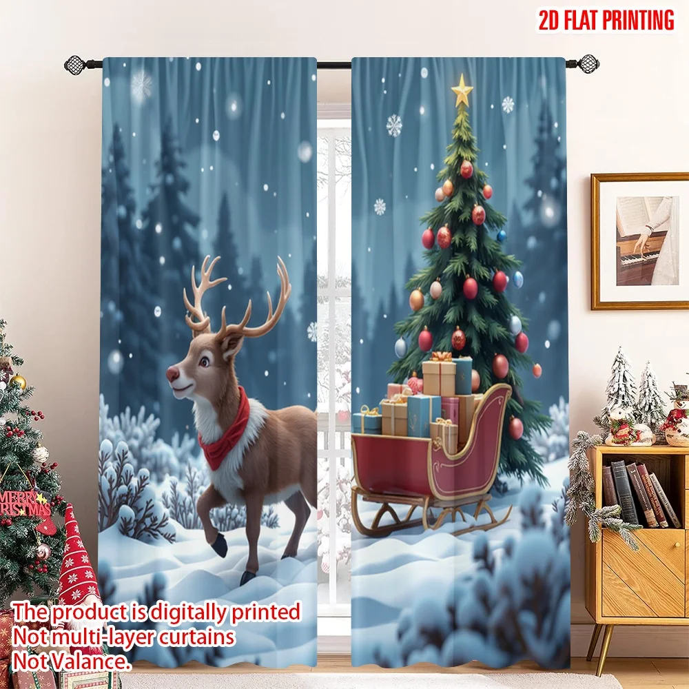 

2pcs 2D flat printing Merry Christmas Curtain Christmas Tree Sleigh Reindeer Snow Fabric Without Electricity Party & Holiday