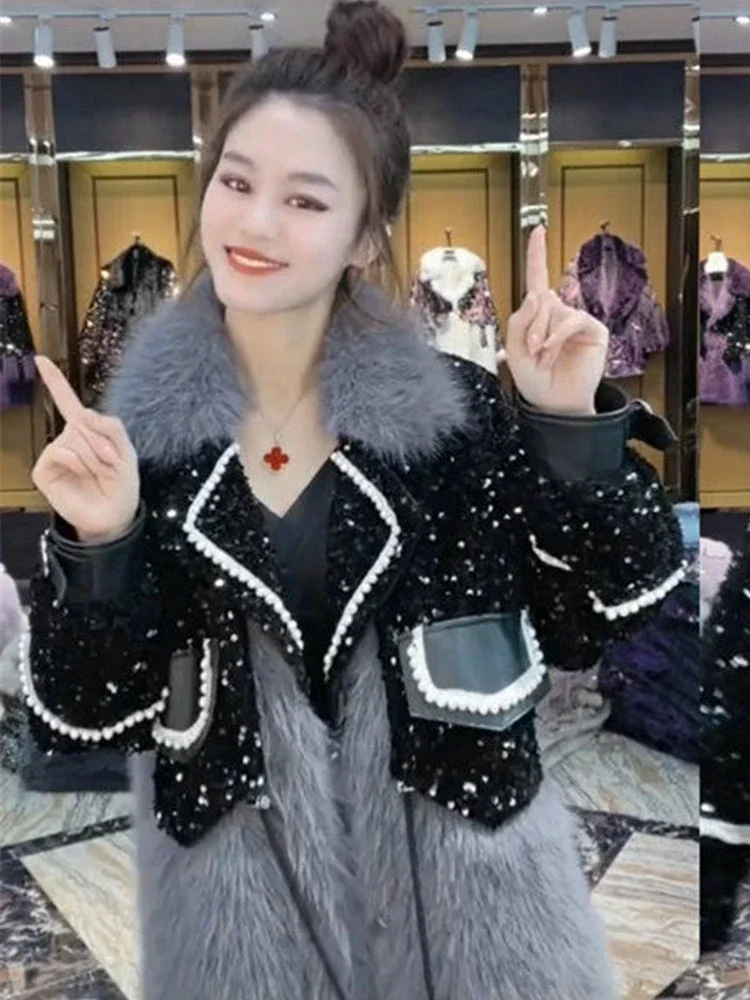 High-End Fox Fur Faux Fur Coat Women\'s Heavy Sequin Stitching Mid-Length Fur Jacket Overcoat 2022 Winter New Plush Furry Coats