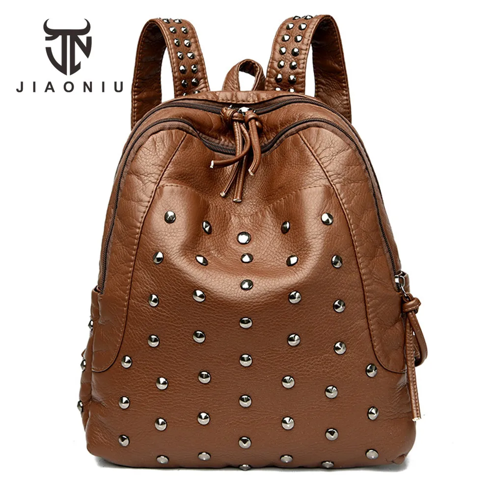 Vintage Women \'s Rivets Backpack Quality Soft Leather Leisure Travel Large Capacity School Bags for Teenage Girls Black Mochilas