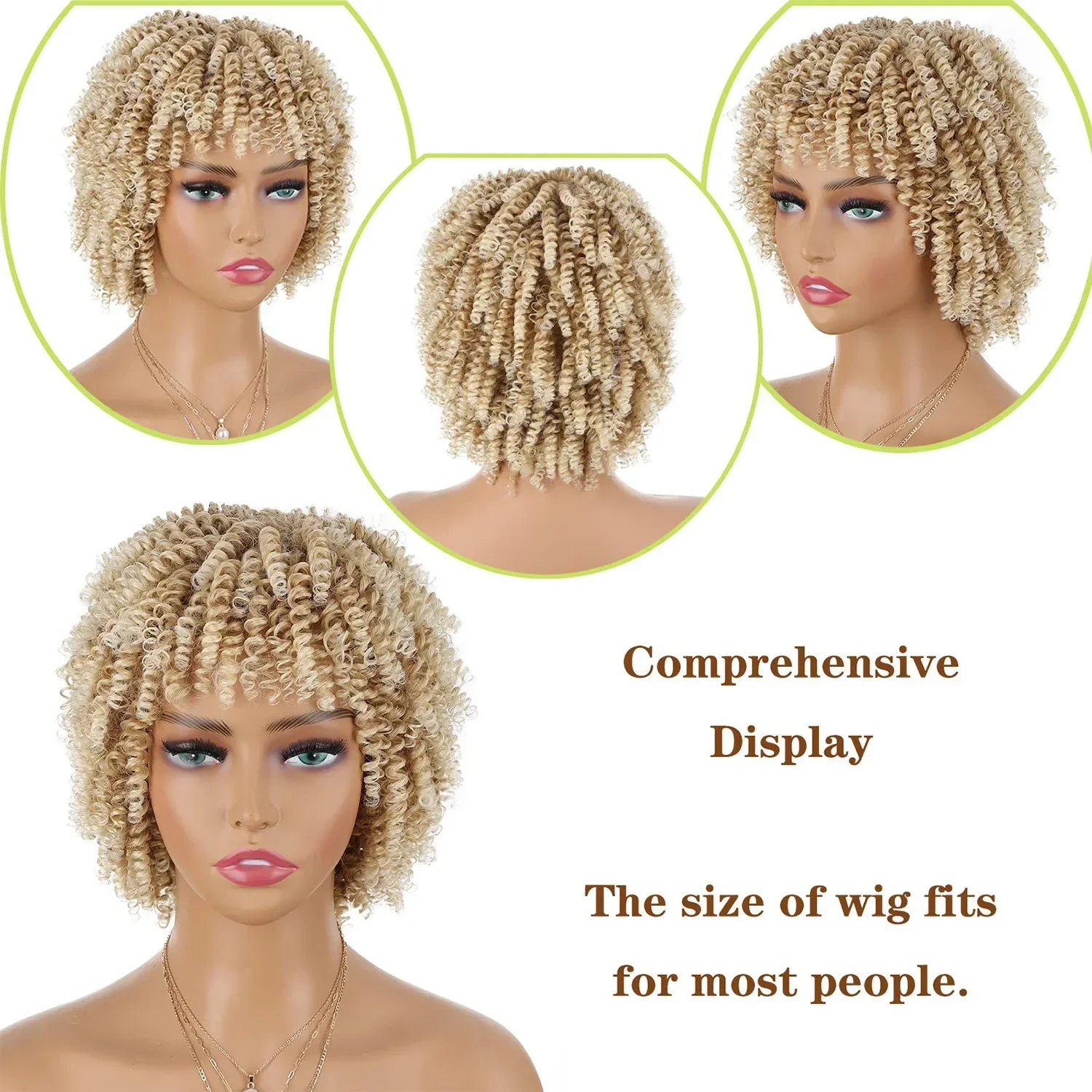 Peruki afro syntetyczne peruki z krótkimi kręconymi włosami dla kobiet, 8/6 cali krótkie peruki z kręconymi włosami z grzywką naturalny Cosplay