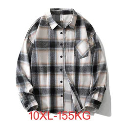 Spring Autumn Large Size Shirt Men Long Sleeve Trendy Shirts Loose Plaid Collar Jacket Casual Fashion Comfortable 10xL 155kg