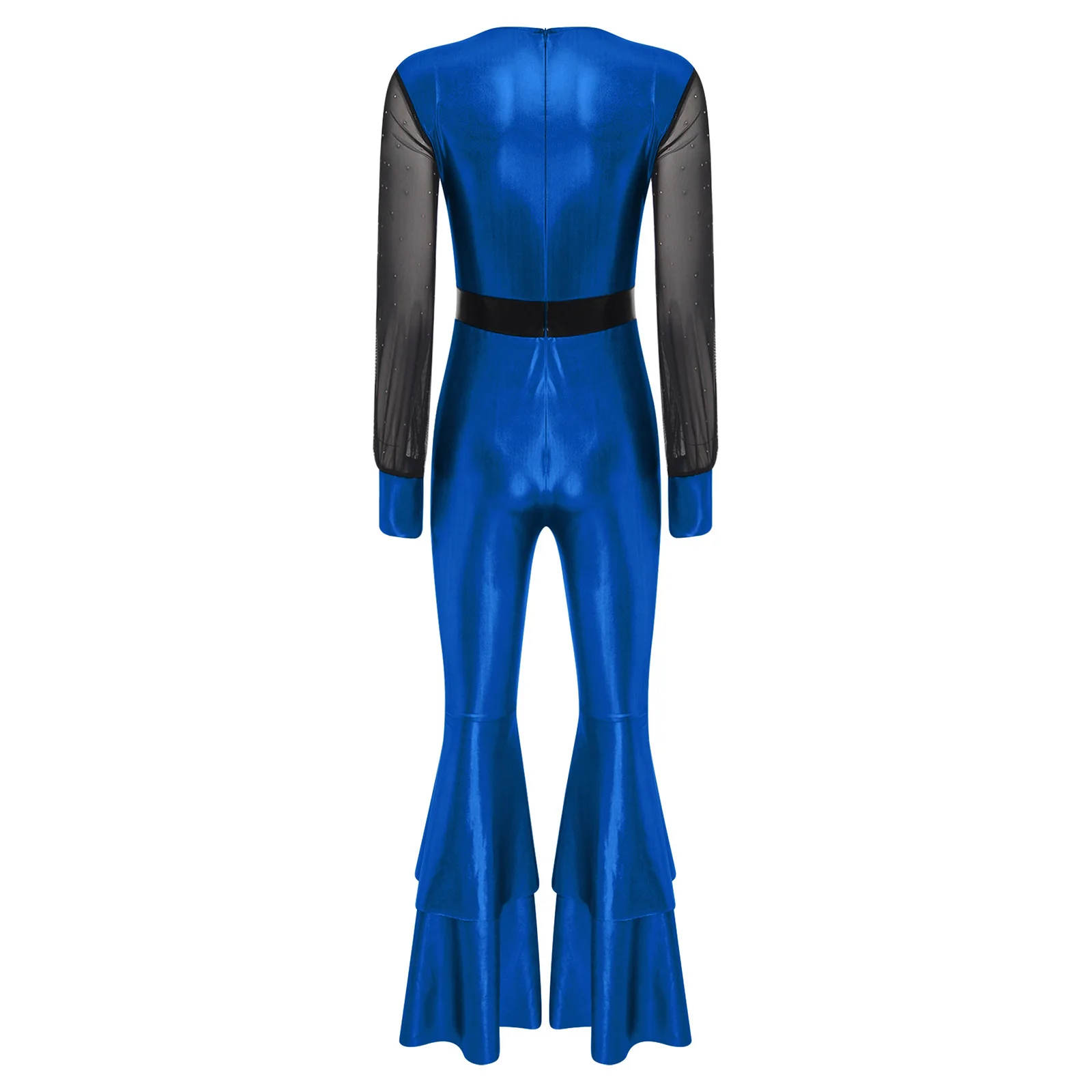 สตรี 70s 80s Disco Rompers เงาตาข่ายฉัตรกระดิ่งด้านล่าง Flared ยาวกางเกงเมทัลลิคเงาคลาสสิก Hippie Vintage Jumpsuit