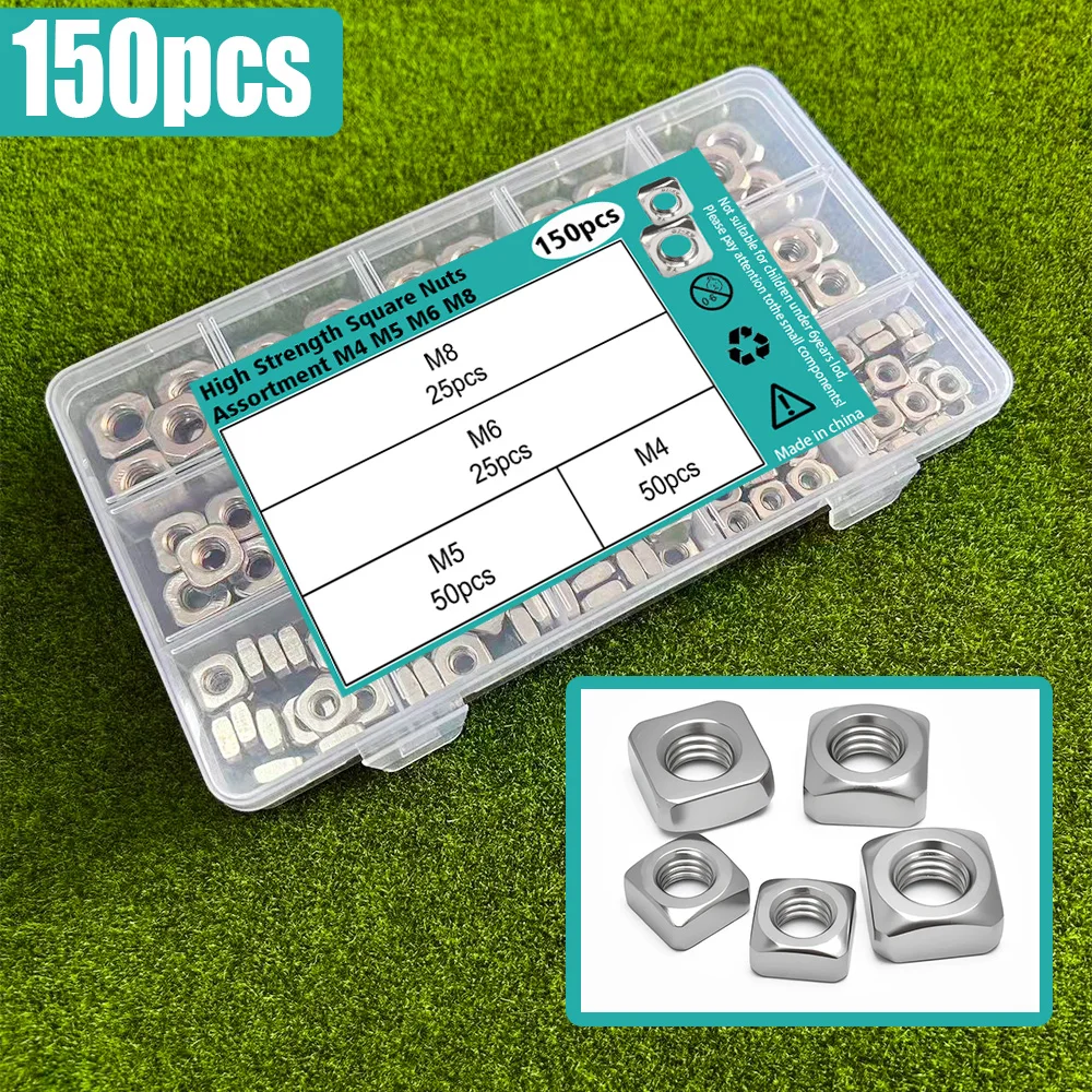 150-Piece Square Nut Set (M4, M5, M6, M8) Are Fully Threaded Square Nuts, Used as Mechanical Fasteners.