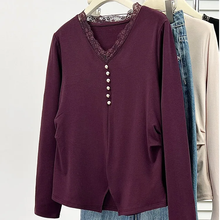 Winter Thiened Long Sve Pure Color Fce Lined Women's Base irt plus Size Lace Trim Inner Wear Top for plus Size Women