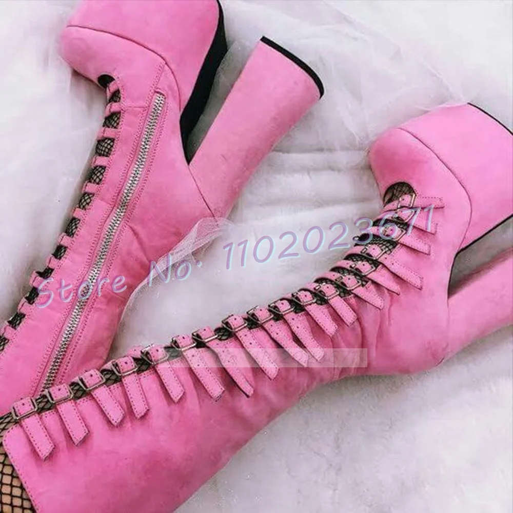 Pink Strappy Platform Boots Women Spring Cut-out Round Toe High Chunky Heels Shoes Lovely Female Multi Buckles Knee High Boots