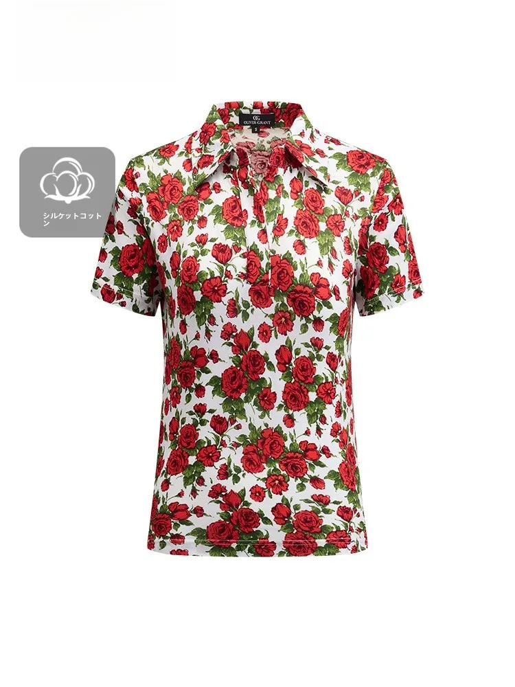 Camiseta Feminina Oliver Grant Royal Rose de Manga Curta, Decote em V, Algodão Piquet, Casual de Verão, Slim Fit 999214