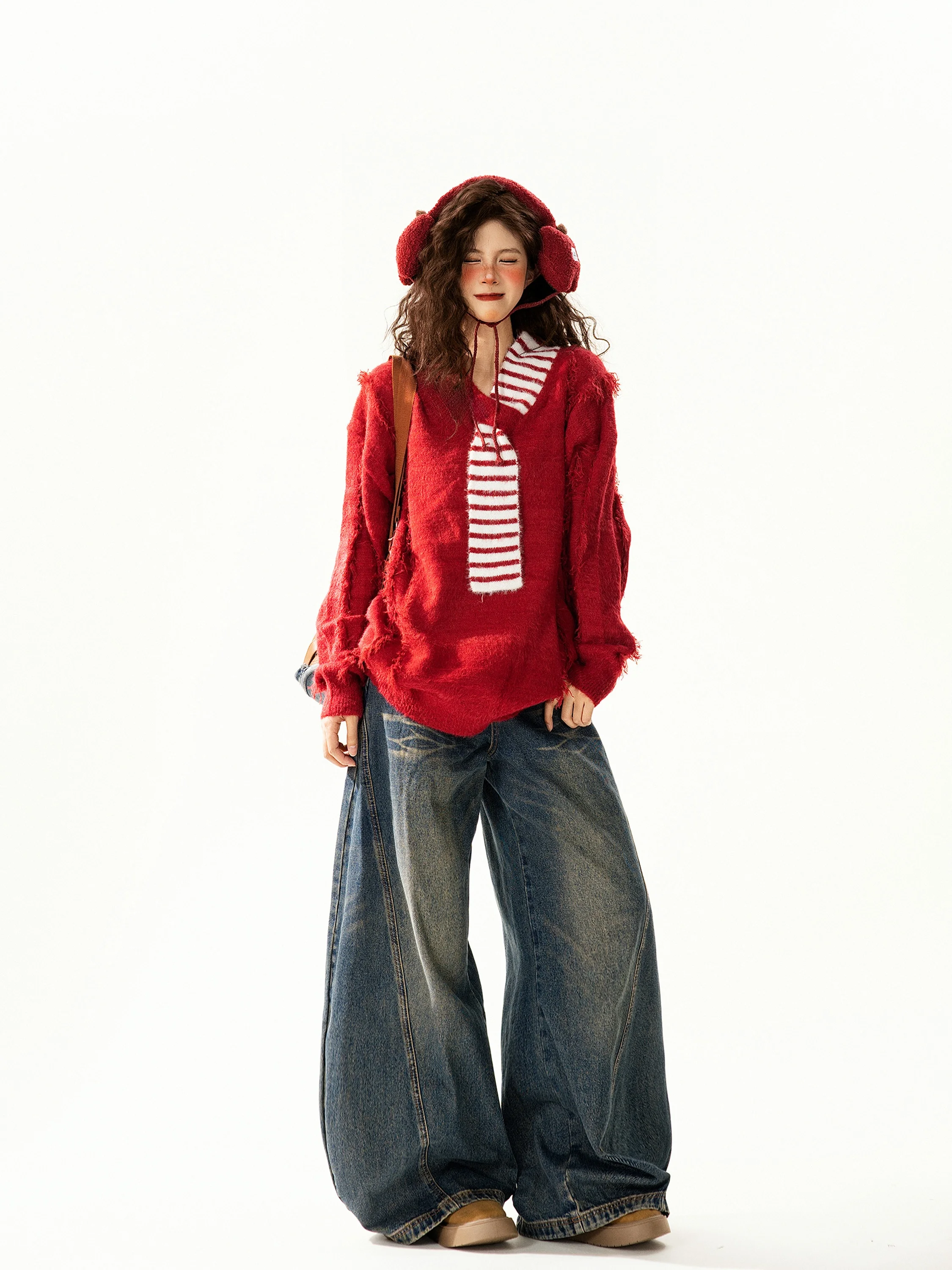 

Свободный красный свитер с v-образным вырезом в стиле ретро, женский осенне-зимний вязаный универсальный шарф Lazy Sle, одинаковый повседневный повседневный одяг