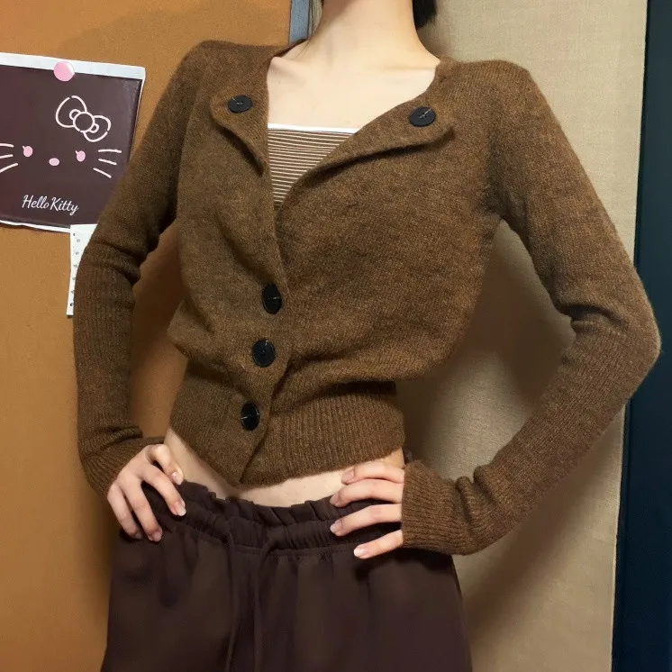 2026 Women's Autumn and Winter Fashion New Retro Slimming Ruffle Knitted Cardigan Simple Solid Color Long Sleeve Top