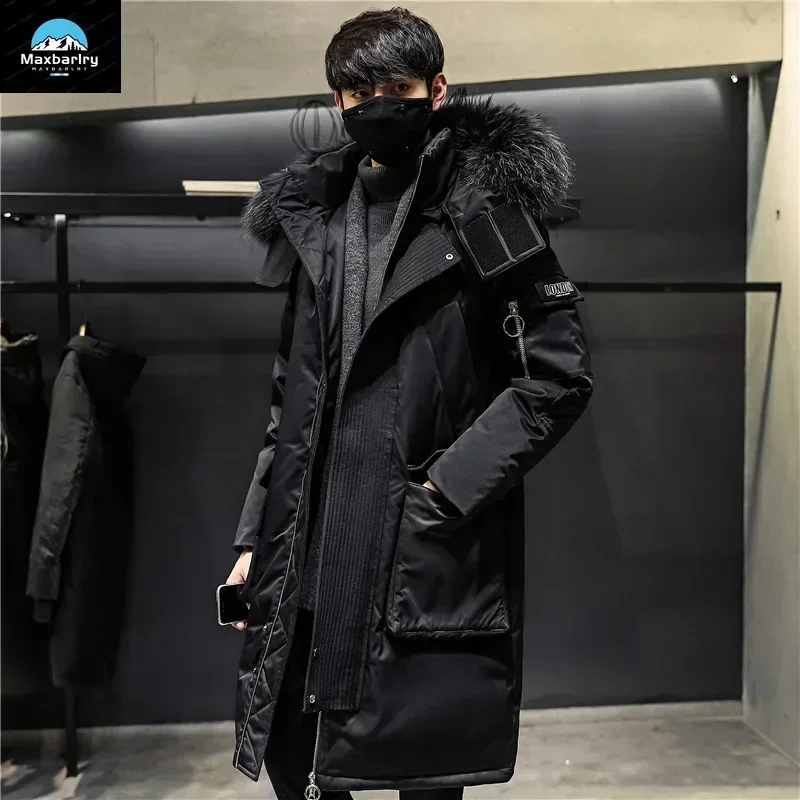 Luxury Long Down Jacket For Men\'s Winter Fashion Casual Fur Collar Hooded Warm Parka Coat Windproof Skiing White Duck Down Coat