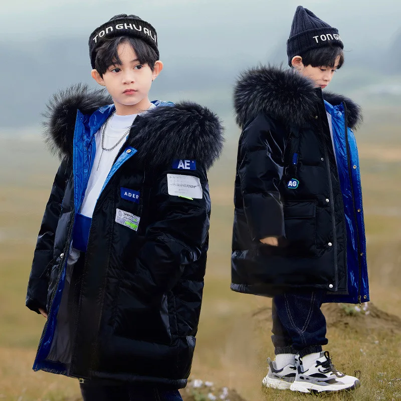 

New children's waterproof down jacket Girls winter fashion warm thick coat Boys black casual cold-proof hooded jacket Fur collar