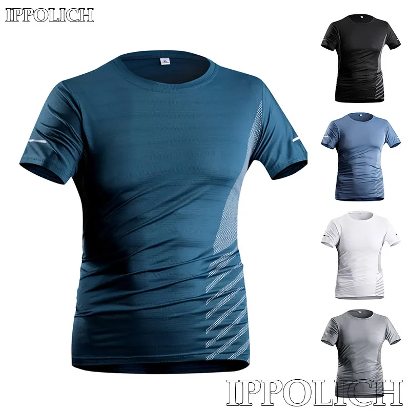 Running T-shirt Men Summer Ice Silk Thin Top Reflective Printing Quick Dry Short Sleeve Breathable Fitness Sports T-shirt 5XL