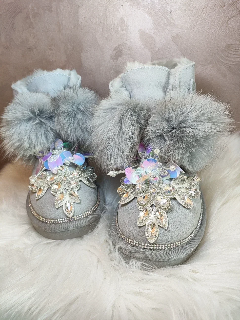 Womens Real Fox Fur Ankle Boots Rhinestones Crystal Lace Up Flats Warm Winter Snow Shoes Thick Gray