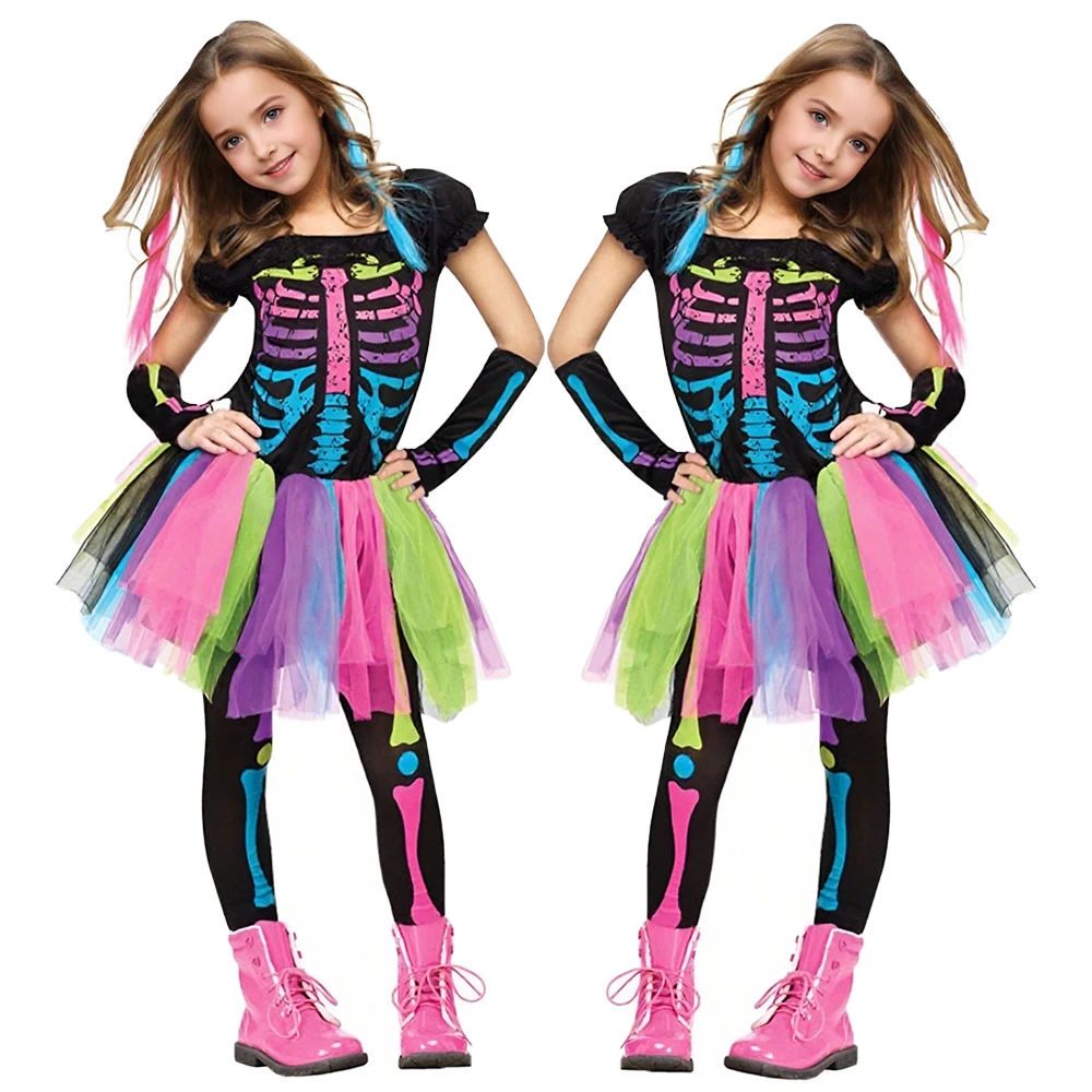 

Halloween Rainbow Skeleton Costume Dress Bone Color Tutu Dresses Sleeve Pant Girl Fashionable Christmas Autumn Fancy Clothes Set