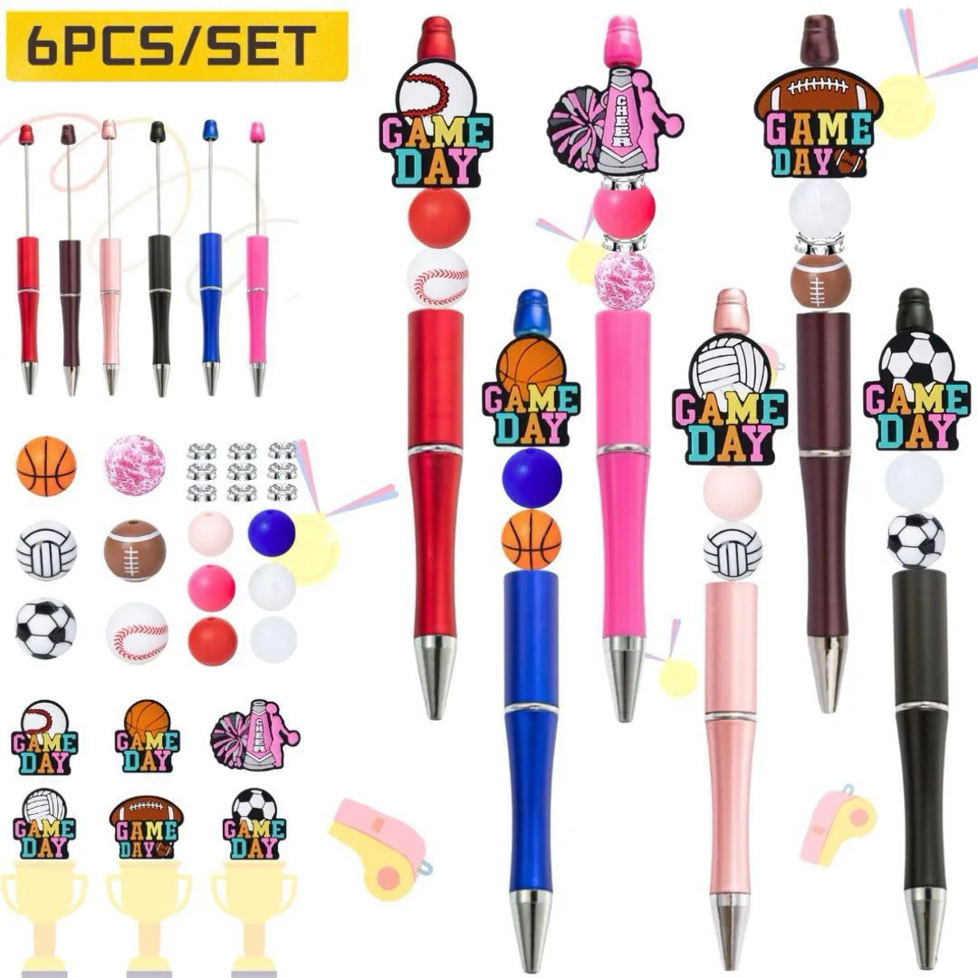

6PCS/SET Soccer Basketball Football Ball Cheerleading DIY Beaded Pen Set, Silicone Bead Ballpoint Pen, Writing Study Office