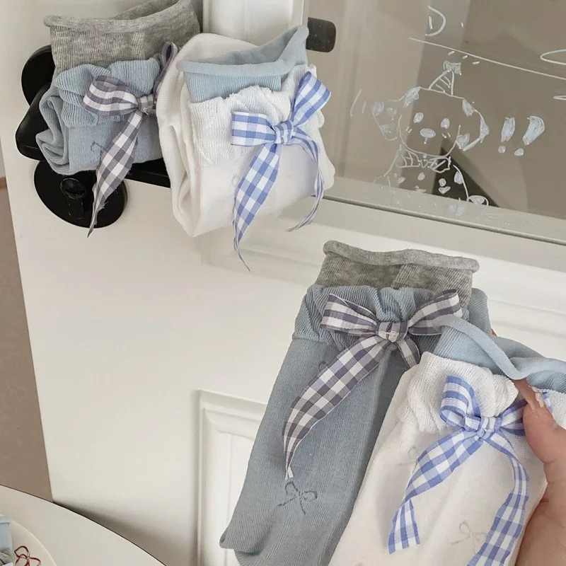 1/4 Paar Damensocken, koreanische Schleife, modische, vielseitige Mittelrohr-Florsocken, atmungsaktive, bequeme Baumwollsocken aus Mesh für Mädchen