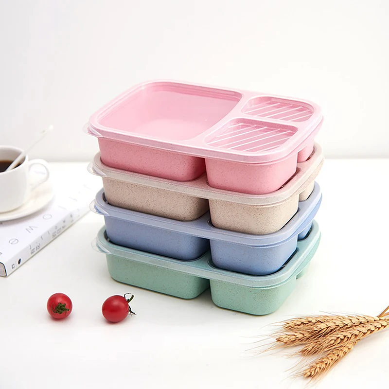 Three-compartment Wheat Straw Lunch Box Microwave Dinnerware Food Fruit Container Lunch Box Picnic School Office Portable Bento