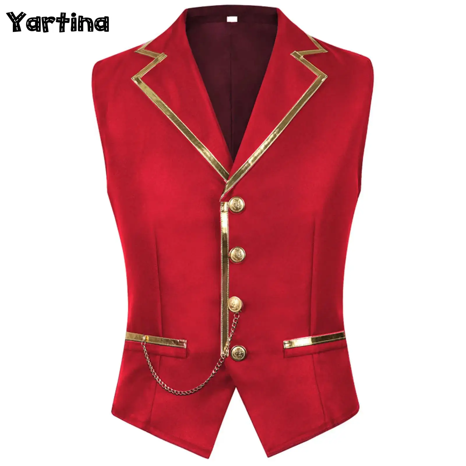 

Мужской жилет в стиле стимпанк, топы с металлической блестящей отделкой, декор с цепочкой и пуговицами спереди, готический вечерние джентльменский деловой жилет, майка