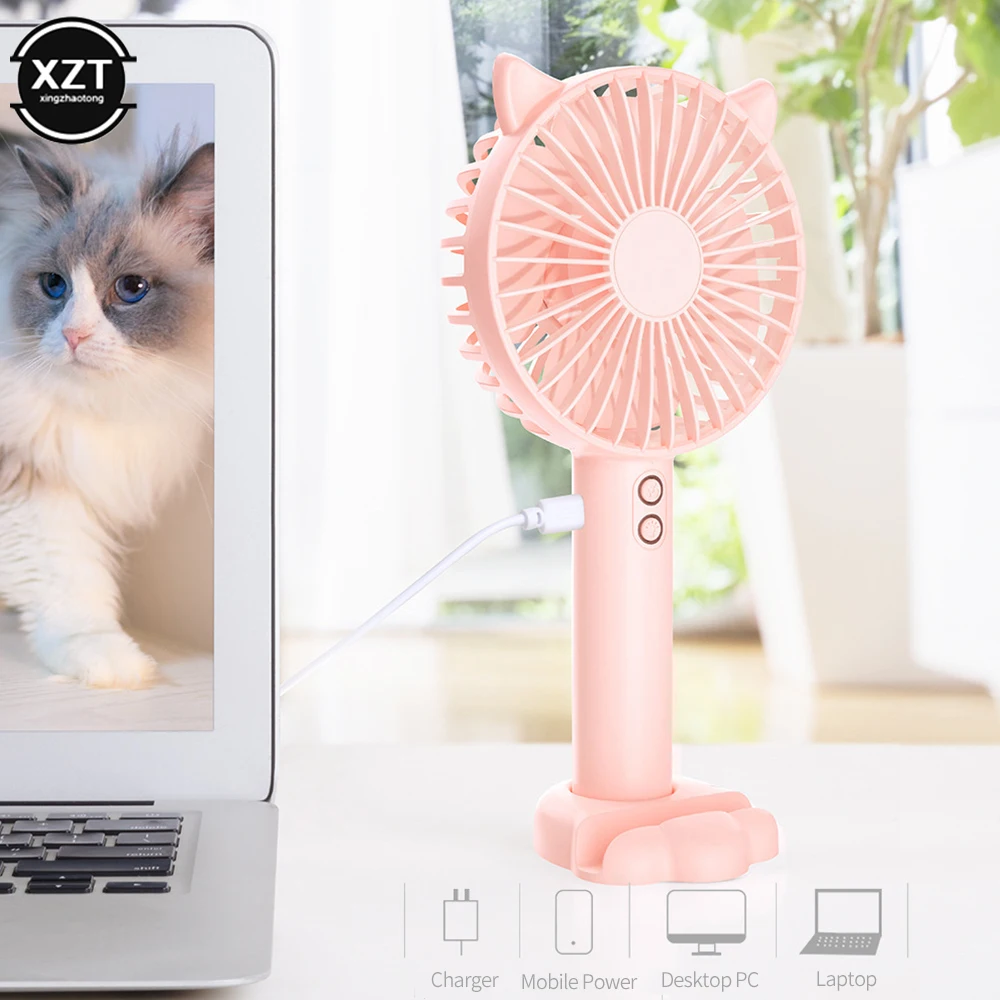 Portable Mini Handheld Electric Fan USB Rechargeable with Base Mobile Phone Holder 3 Gears Adjustable Cat Ears Fan