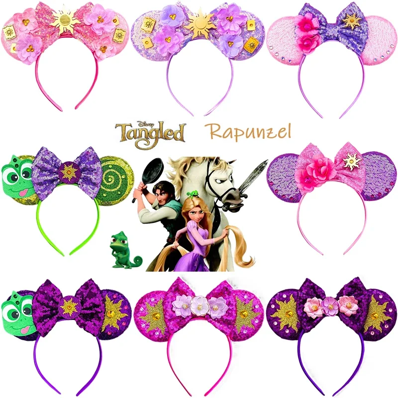 Bandeaux de cheveux Disney Raiponce avec oreilles de tournesol pour femmes, arc à paillettes pour enfants, bandeaux caméléon, vêtements de sauna LED