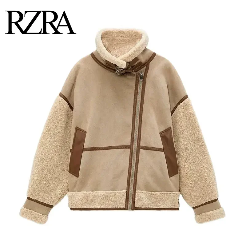 

RZRA 2024 Autumn Winter Women Warm Faux Fur Fleece Coat Jacket Female Loose Patchwork Thickened Locomotive Lapel Chic Outwear