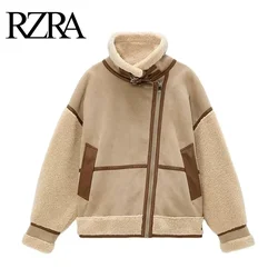 RZRA 2024 Autumn Winter Women Warm Faux Fur Fleece Coat Jacket Female Loose Patchwork Thickened Locomotive Lapel Chic Outwear