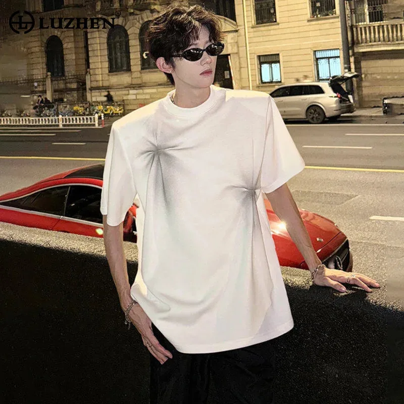 

LUZHEN Fold Design Tie-dyed Print Short Sleeve T-shirts Men's 2025 Summer Shoulder Pad Handsome Korean Tops Male Clothes JY2938
