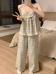 Korean Sle Sweet Floral Women's Spwear Summer Internet Celebri Wind with Chest Pad Strap Long Pants Home Clothes Set