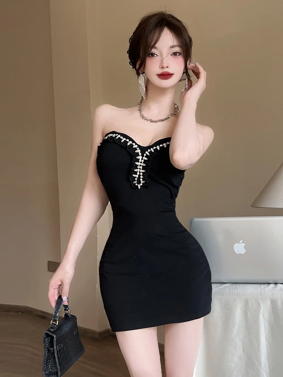 

Diamond Embedded V-Ne Strapl Dr Sexy Ele Slimming Waist Bodycon Skirt for Ladies Date Par Wear