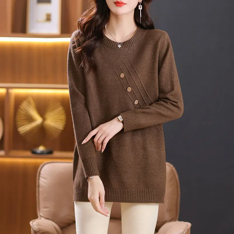 Office Lady Screw Thread Round Neck Lantern Long Sleeve Solid Color Button Sweater Knitted Pullover Women\'s Clothing Tops