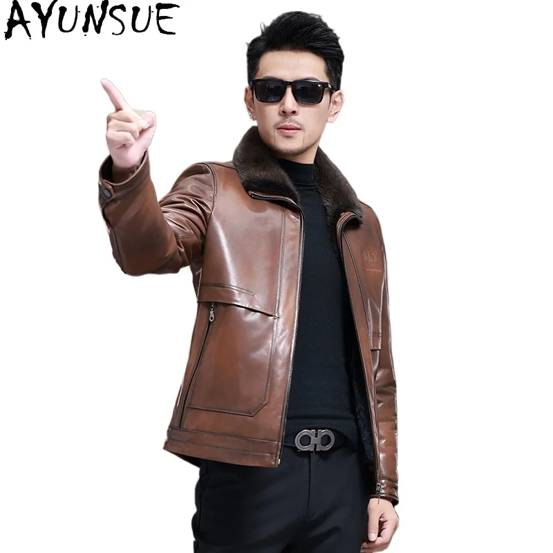 

AYUNSUE Real Fur Coat Men Clothing Winter Genuine Goatskin Leather Jacket Man Luxury Mink Fur Liner and Collar Mens Fur Coats