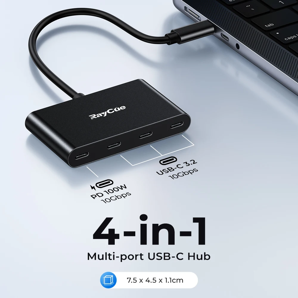 RayCue-4 Portas USB-C Adaptador Hub, 10Gbps, Multiport, USB 3.2, Extensor, Dongle 100W, PD para MacBook, iPhone 15, Lenovo, Dell, Laptop