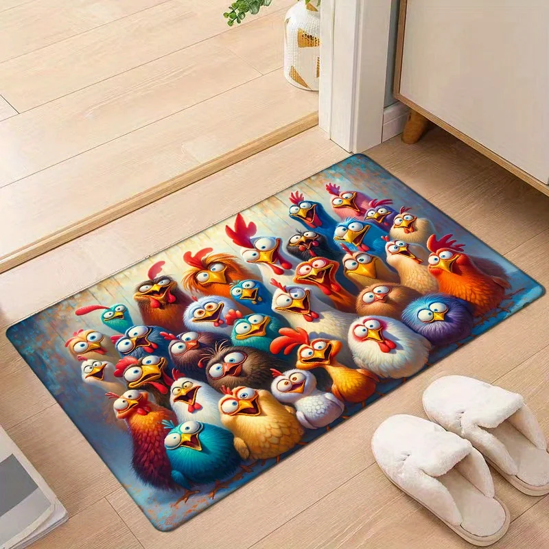 Welcome Home Non-Slip Doormat - 1pc, Flannel with Colorful Turkey and Wood Design, Washable Polyester, Ideal for Entryways