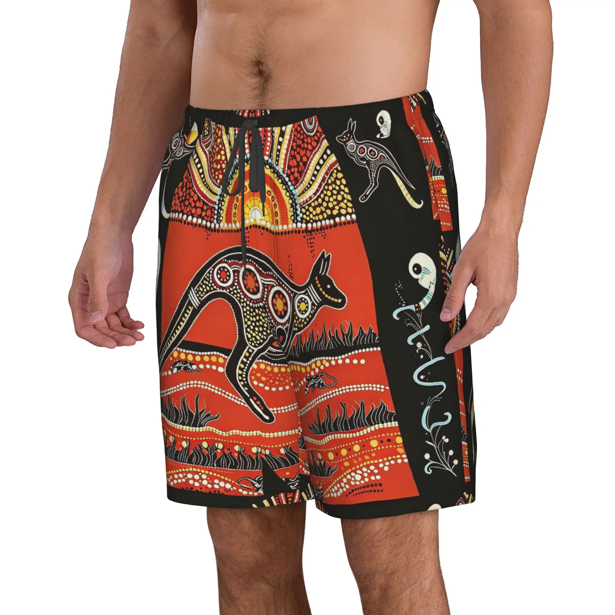 Colorful Kangaroo, Sun, and Abstract Pattern Trunks Beach Board Shorts Casual Quick Dry Swim Summer Men Pants