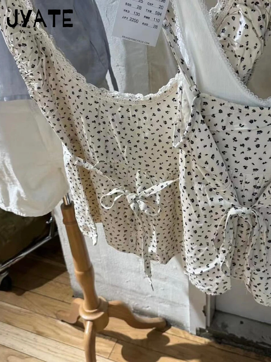 여성용 꽃 프린트 레이스업 코튼 티셔츠, 캐주얼 스퀘어 칼라, 퍼프 슬리브 티, 귀엽고 귀여운 빈티지 크롭탑, Y2K, 여름 신상