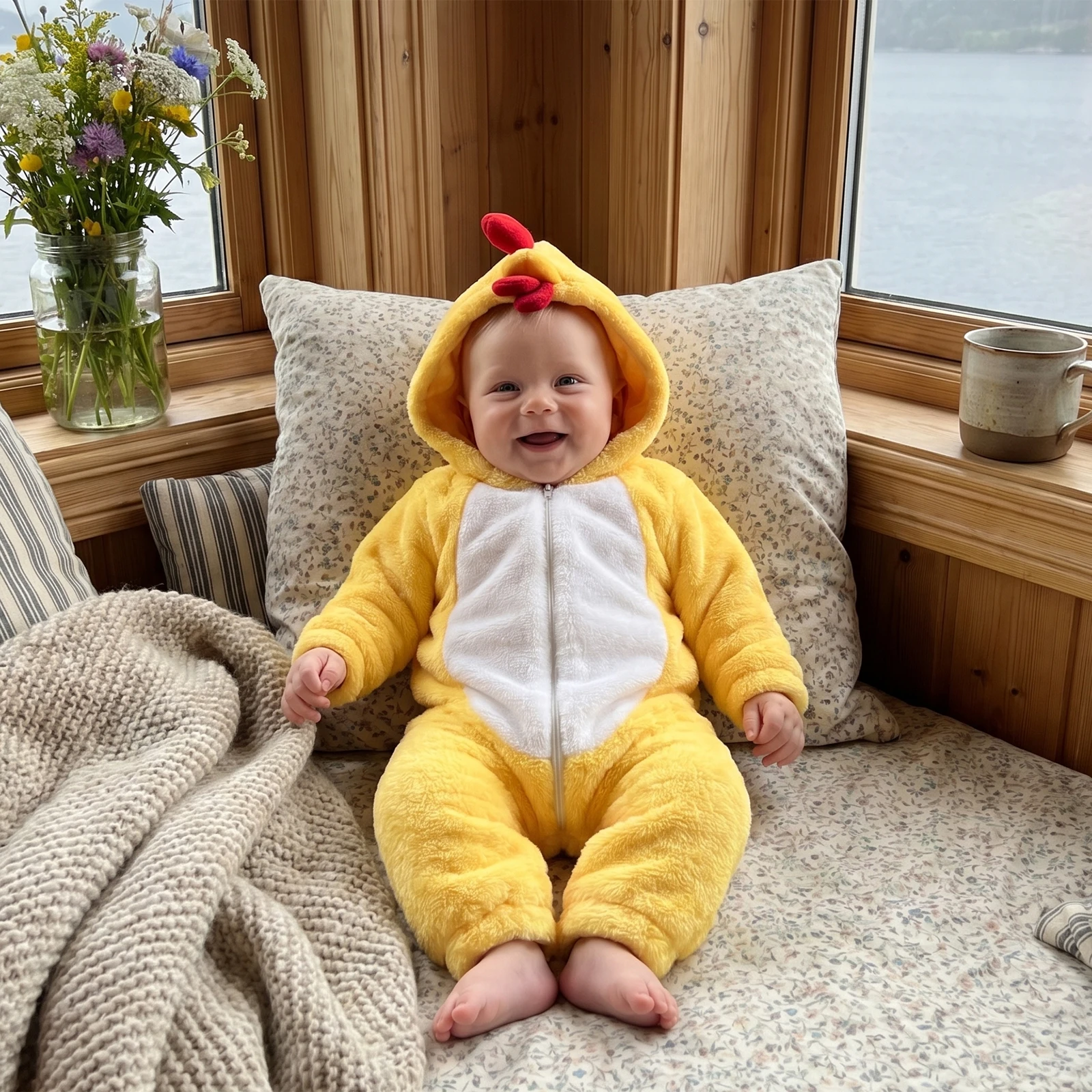 Baby Yellow Chicken Costume Plush Long Sleeve Hooded Jumpsuit Animal Character Bodysuit with Zipper Halloween Party Costume