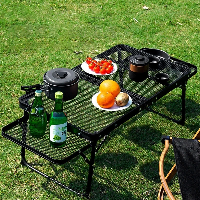 Outdoor folding table, portable picnic table, camping table, lightweight aluminum alloy, picnic iron mesh table storage rack