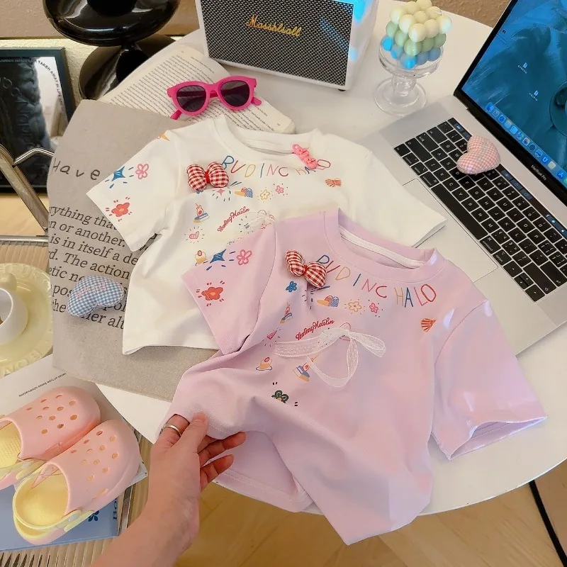 Bellbell Summer 1-17Y Children Girl Tee Muslin Cartoon Bow Infant Baby Girl Short Sleeves Print Round Collar Kids Girl Shirt Top