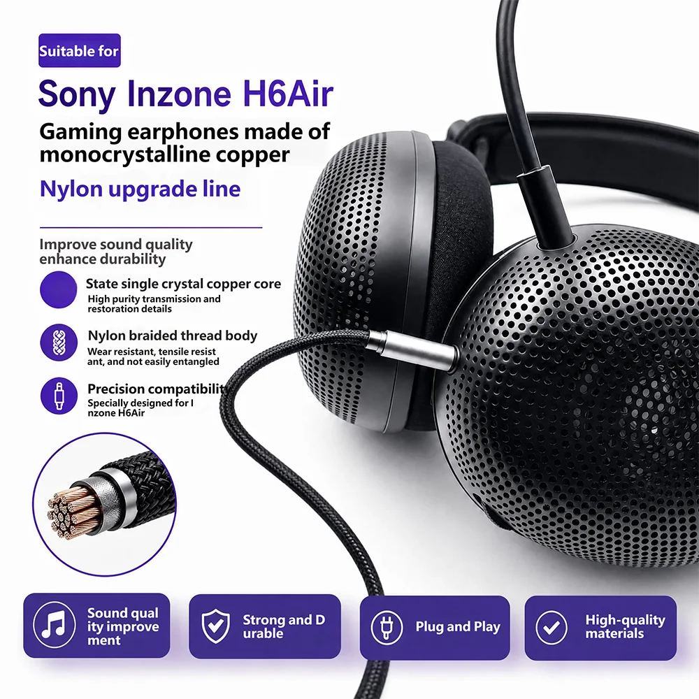 FOR Sony Inzone H6 Air Headphone Cable Audio Wire Braided Extension Replacement Cable