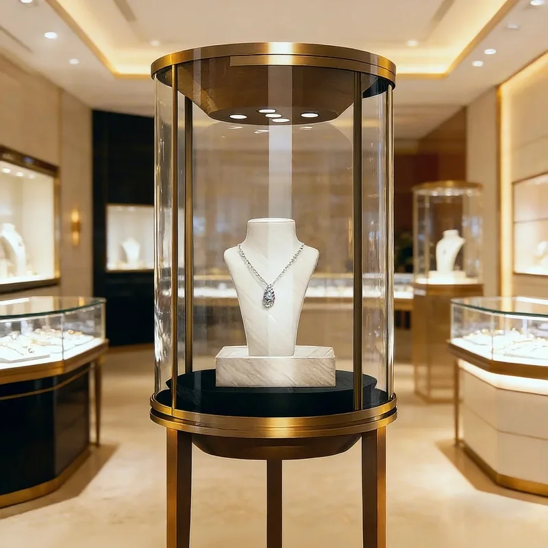 custom.Custom High-End Adjustable Jewelry Showcase Display Stainless Steel Frame Lockable Glass Retail Shopping