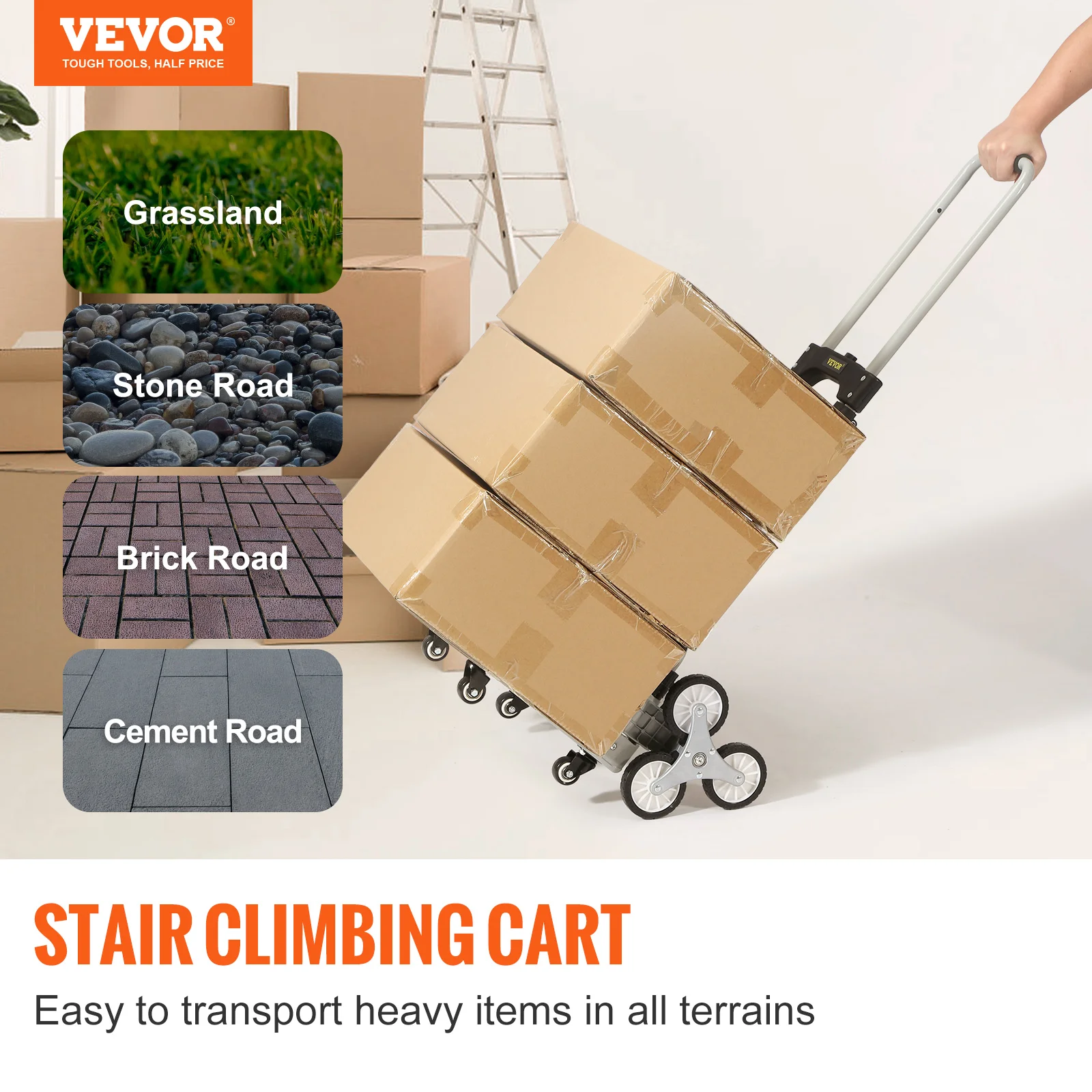 Vevor-Escada Escalada Cart, Caminhão de Mão Capacidade com Alça Ajustável, Dolly Dobrável para Escadas, Compras, 220, 375/550 lbs