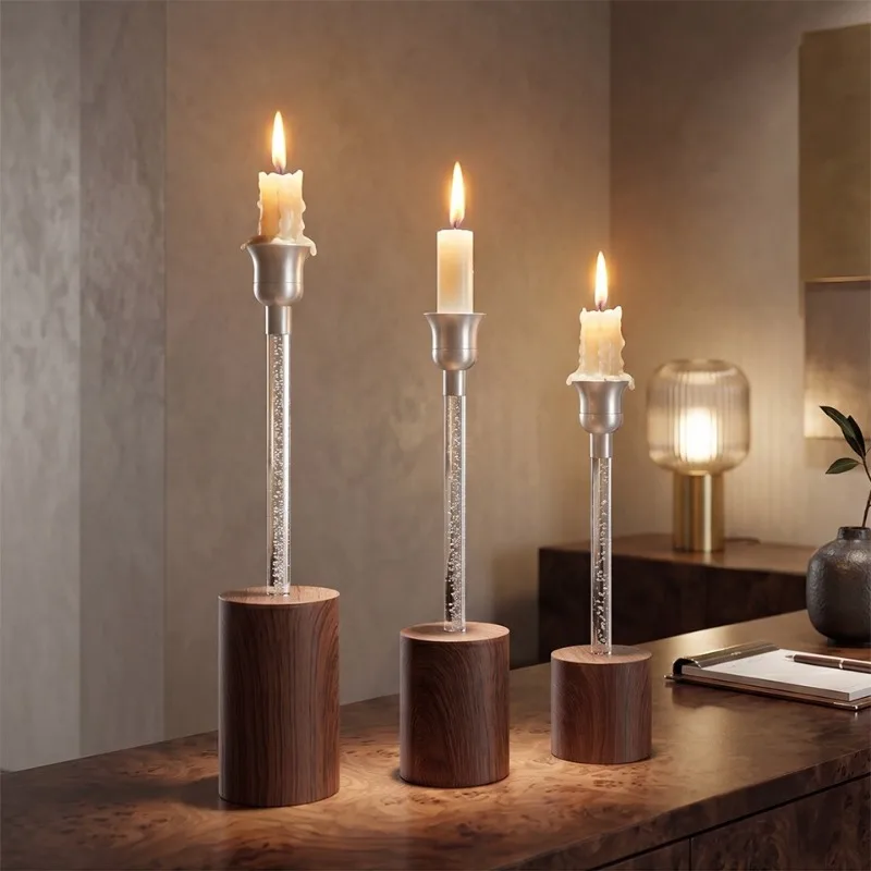 Wood Base Three-piece Set Candle Holder Luxury Metal Aesthetics Candle Holders Wedding Party Desktop Candlestick Home Ornament