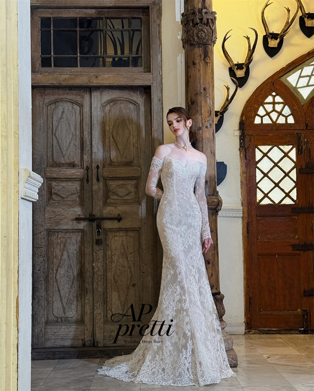 AP pretti Gorgeous A-line Full Lace Bridal Gown Off the Shoulder Long Sleeves Ruffle Wedding Dresses Customized Detachable Train