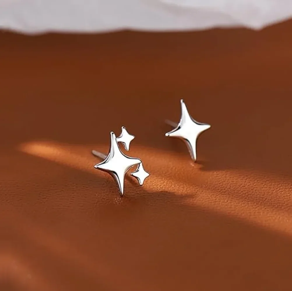 Simple Silver Plated Asymmetrical Earrings Four-Pointed Star Hypoallergenic Stud Earrings for Women Fashion Cute Star Jewelry