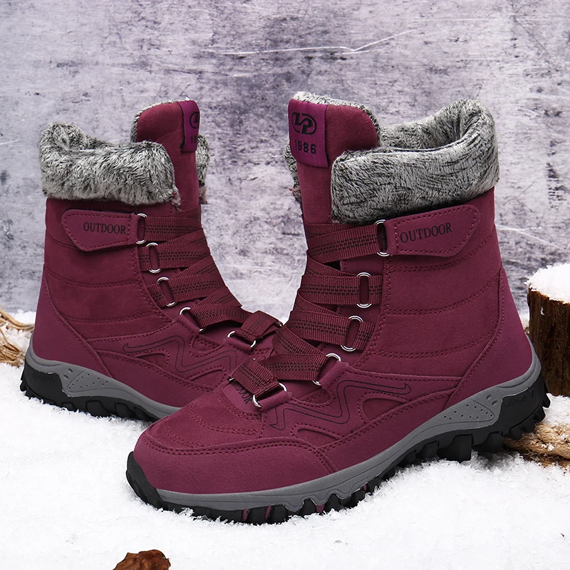 Women's Suede Leather Snow Boots Waterproof Non-Slip Comfortable Winter Warm Plush Lining Outdoor Ski Ankle Boots