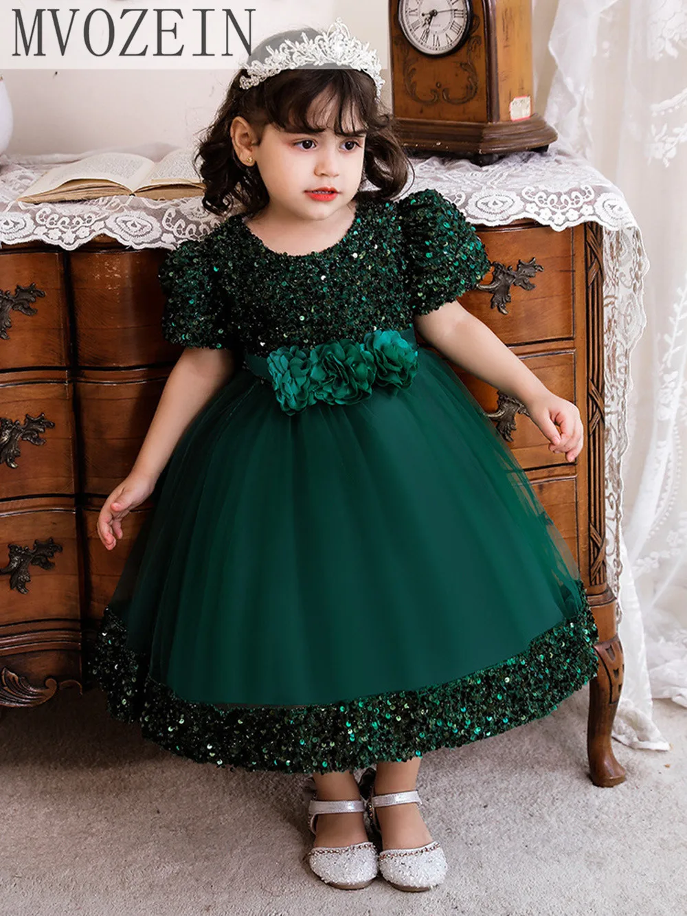 Mvozein-vestido de lentejuelas de lujo para niña, vestido de fiesta de cumpleaños con manga de casquillo, de princesa verde, 2023