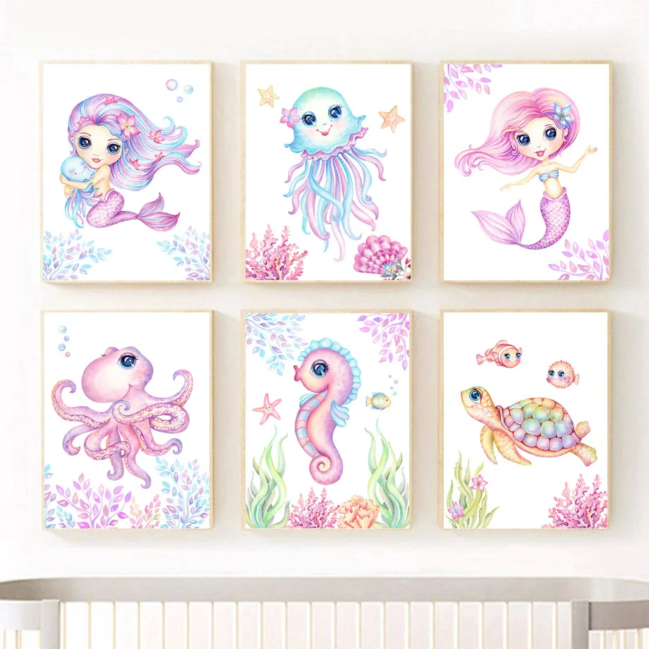 

Mermaid Turtle Seahorse Octopus Jellyfish Ocean Nursery Wall Art Canvas Painting Posters And Prints Wall Picture Girl Room Decor